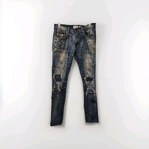 FWRD Mens 34x34 Acid Wash Blue Distressed Patchwork Skinny Denim Jeans Street